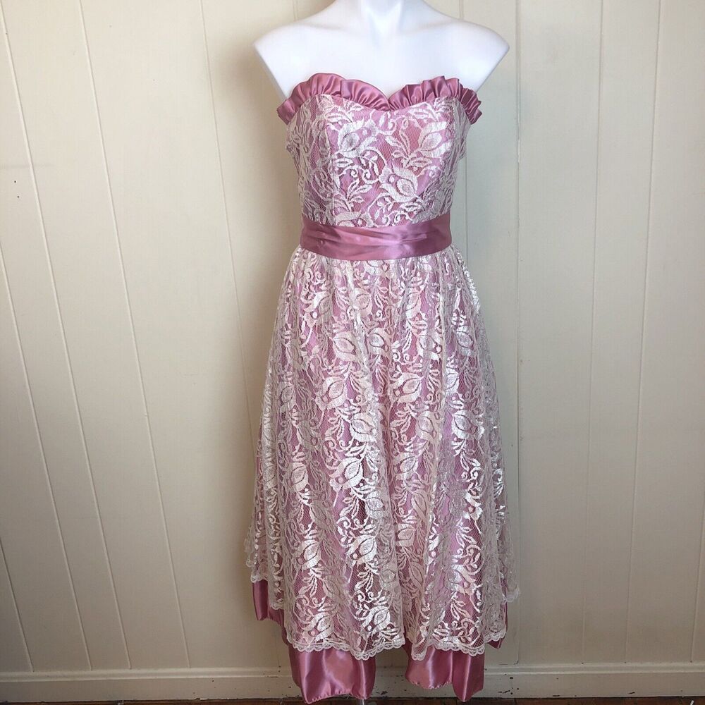 Vintage 80s 90s Fit & Flare Strapless Lace Party Dress XS Rockabilly Tea Dress
